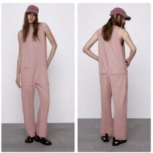 ZARA Sleeveless Oversized Wide Leg Jumpsuit Utility Pockets Front Zip Up S Beige